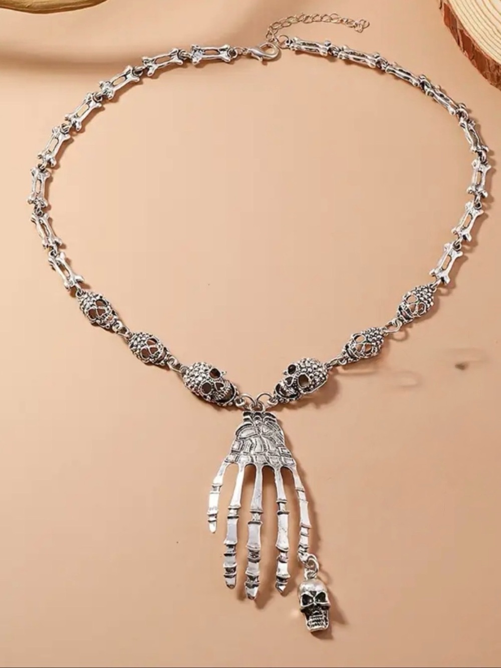Gothic skeleton hand and skulls pendant necklace- bone link chain Halloween